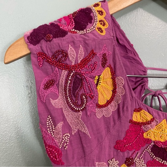 Anthropologie Maeve Embroidered‎ Beaded Floral Purple Mini Dress Cut Out Sz 2 - Picture 5 of 16